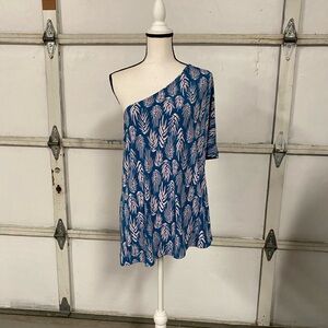 Leota turquoise green & pink & gray one shoulder top blouse shirt size 14 / 16